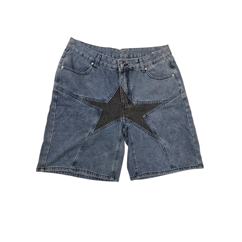 ROMWE Star‎ Patch Denim Shorts - Women's XL (US 12) Blue Acid Wash Y2K